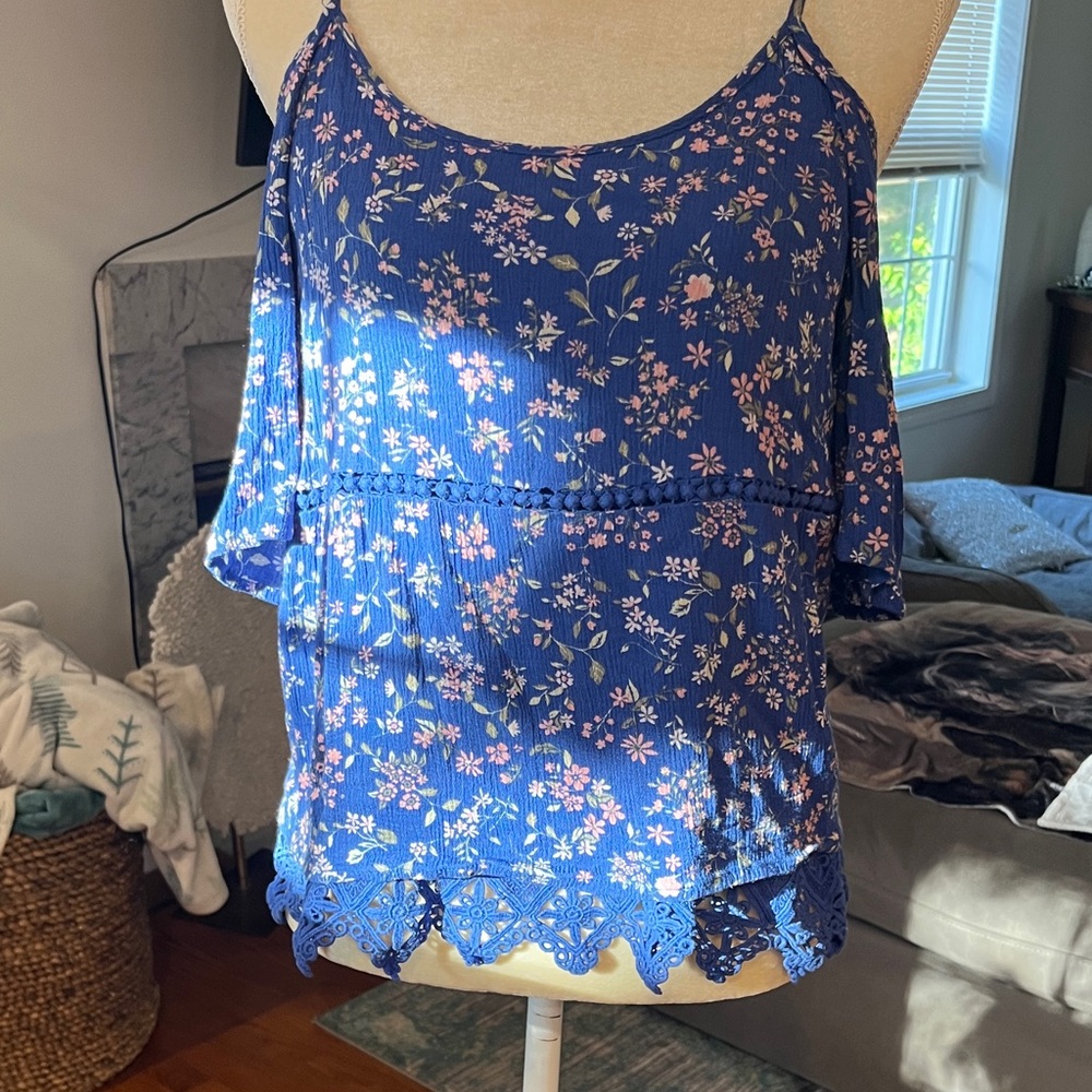Floral Blue Women's Top Cold Shoulder